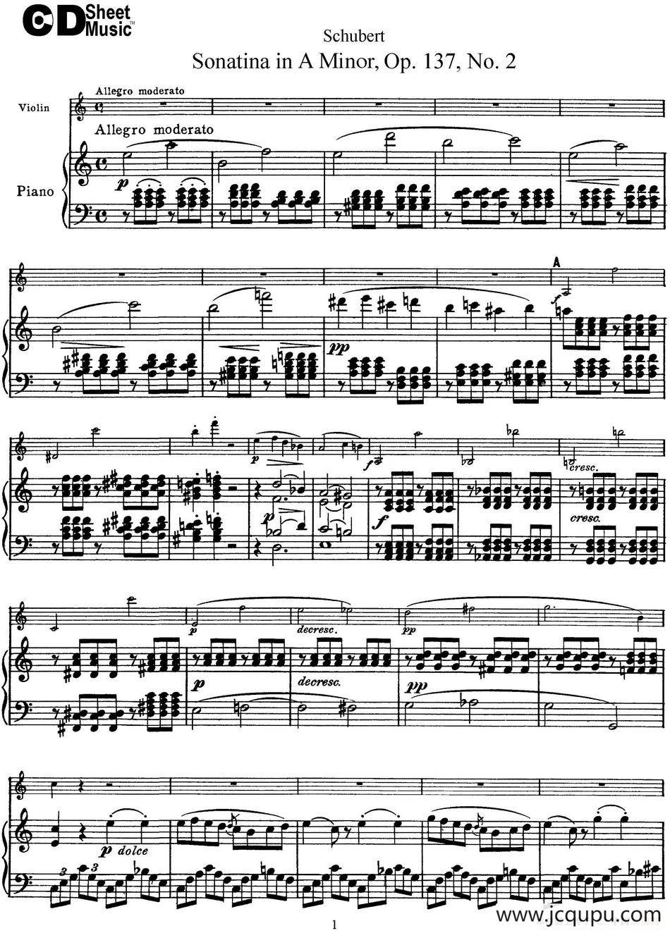 Violin Sonatina in A minor Op.137 No.2（小提琴+钢琴伴奏）简谱