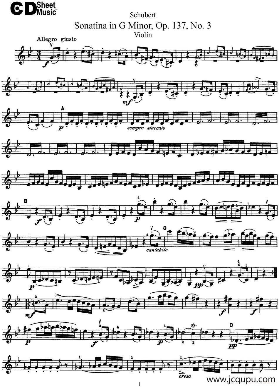 Violin Sonatina in G minor Op.137 No.3简谱