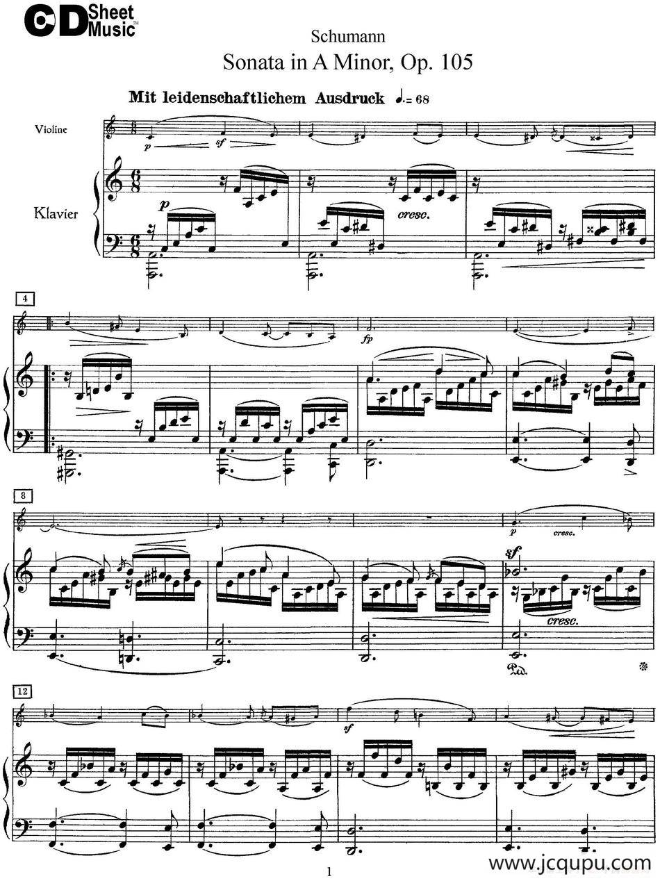 Violin Sonata in A minor Op.105（小提琴+钢琴伴奏）简谱