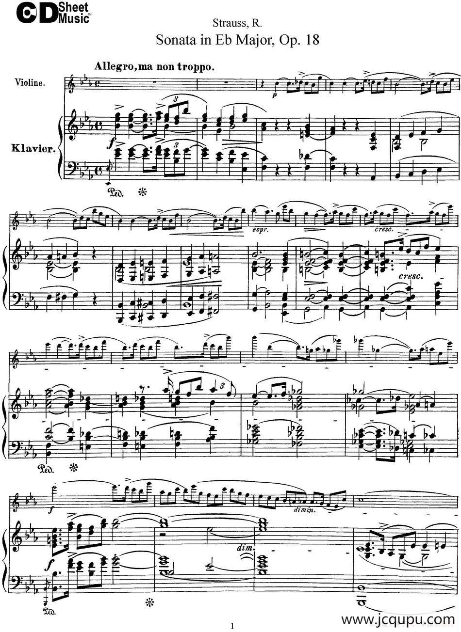 Violin Sonata in Eb Major Op.18（小提琴+钢琴伴奏）简谱