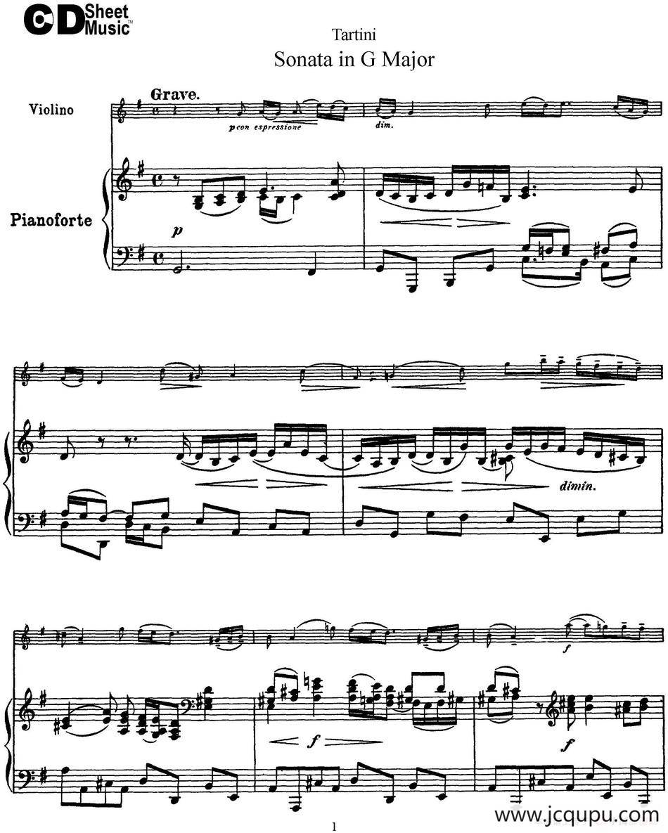 Violin Sonata in G Major（小提琴+钢琴伴奏）简谱