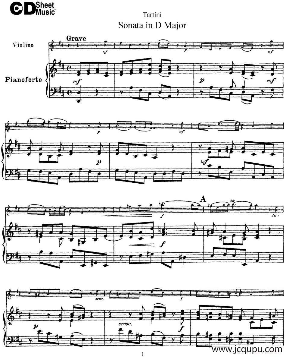 Violin Sonata in D Major（小提琴+钢琴伴奏）简谱