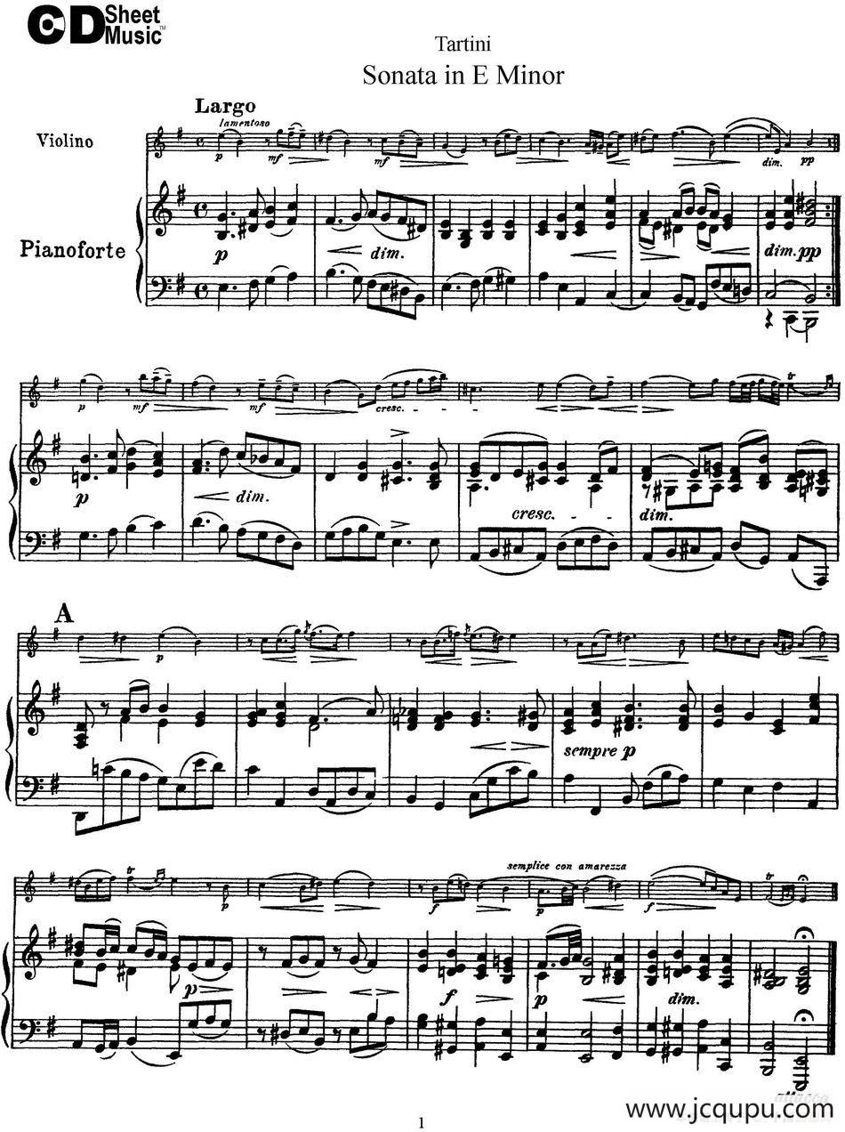 Violin Sonata in E Minor（小提琴+钢琴伴奏）简谱