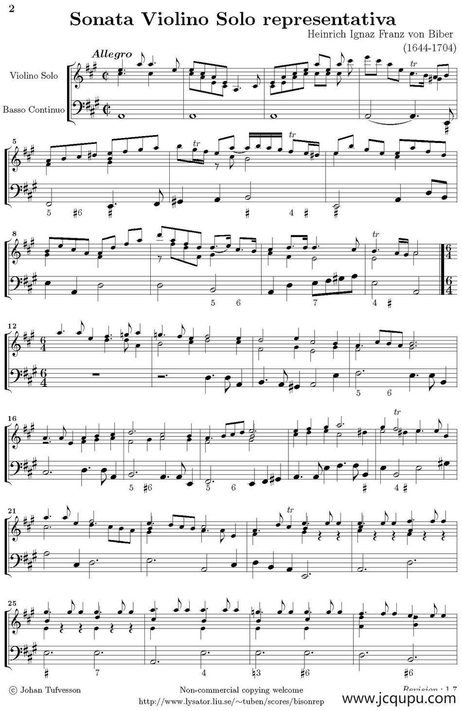 Sonata Violino Solo representativa（Violino+Basso Continuo）简谱