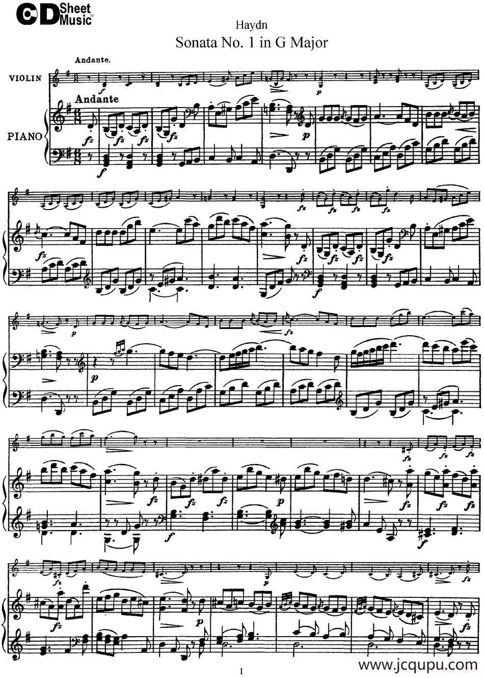 Violin Sonata No.1 in G Major（小提琴+钢琴伴奏）简谱