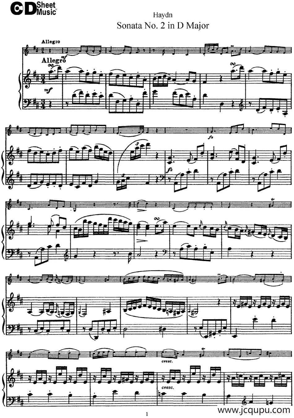 Violin Sonata No.2 in D Major（小提琴+钢琴伴奏）简谱