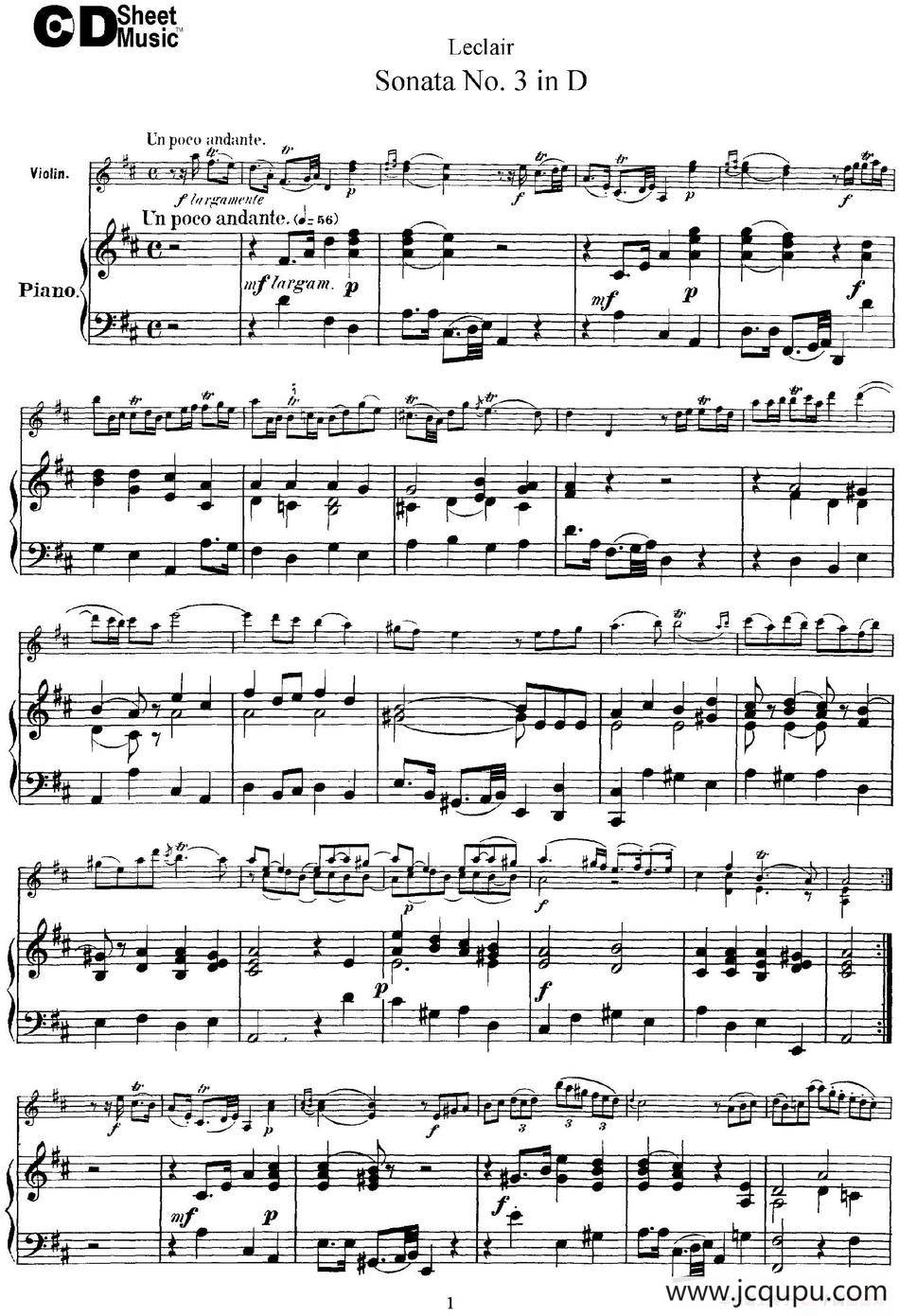 Violin Sonata No.3 In D Major（小提琴+钢琴伴奏）简谱