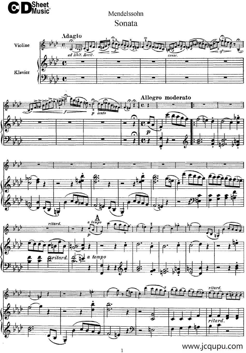 Mendelssohn Violin Sonata（小提琴+钢琴伴奏）简谱