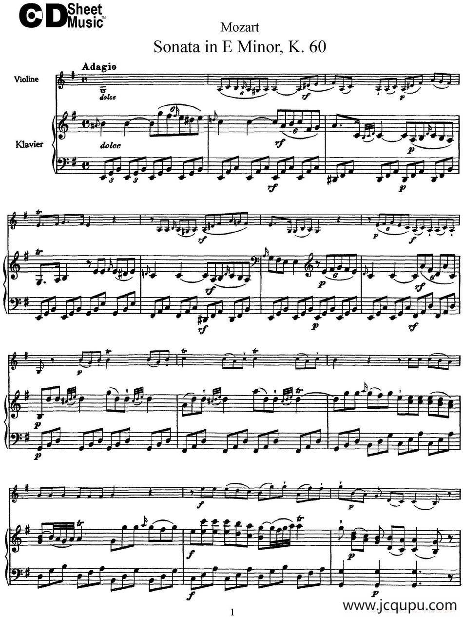 Violin Sonata in E Minor K.60（小提琴+钢琴伴奏）简谱