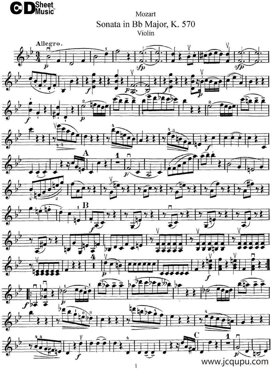 Violin Sonata in Bb Major K.570简谱