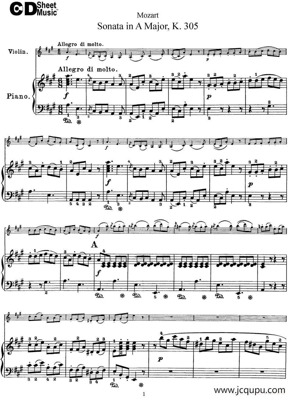 Violin Sonata in A Major K.305（小提琴+钢琴伴奏）简谱