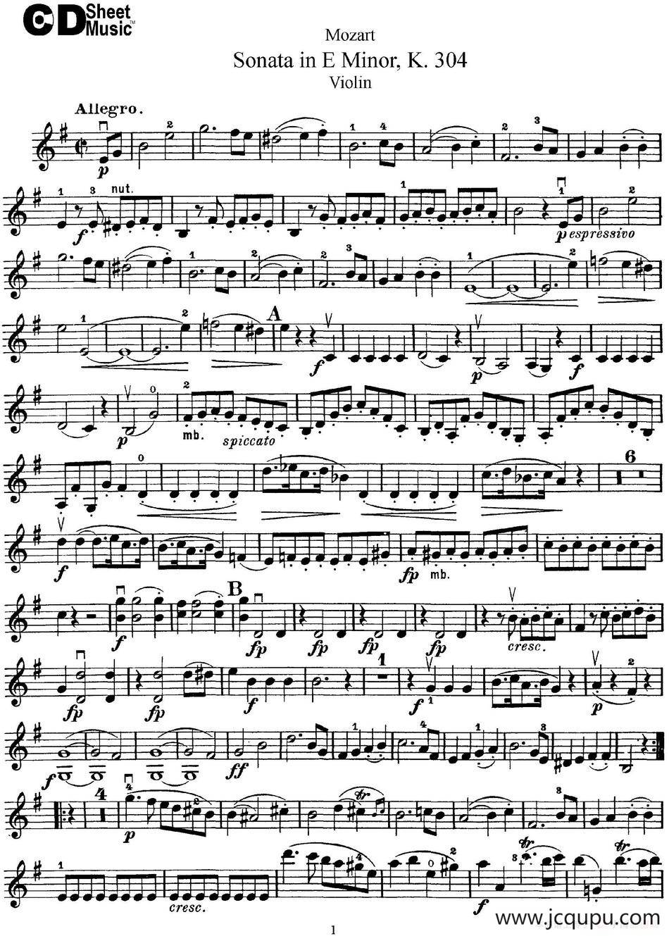 Violin Sonata in E Minor K.304简谱