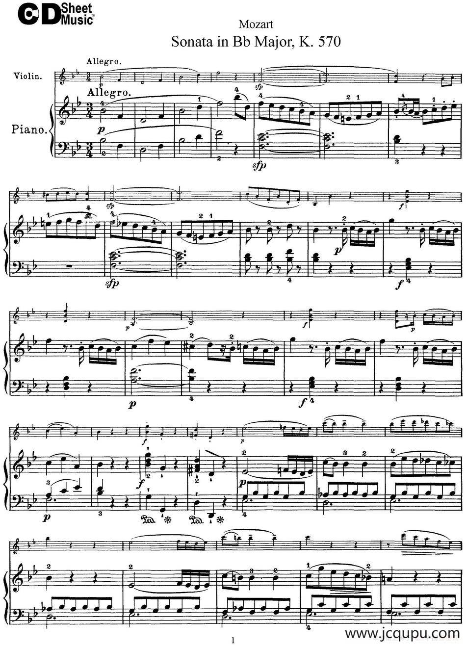 Violin Sonata in Bb Major K.570（小提琴+钢琴伴奏）简谱