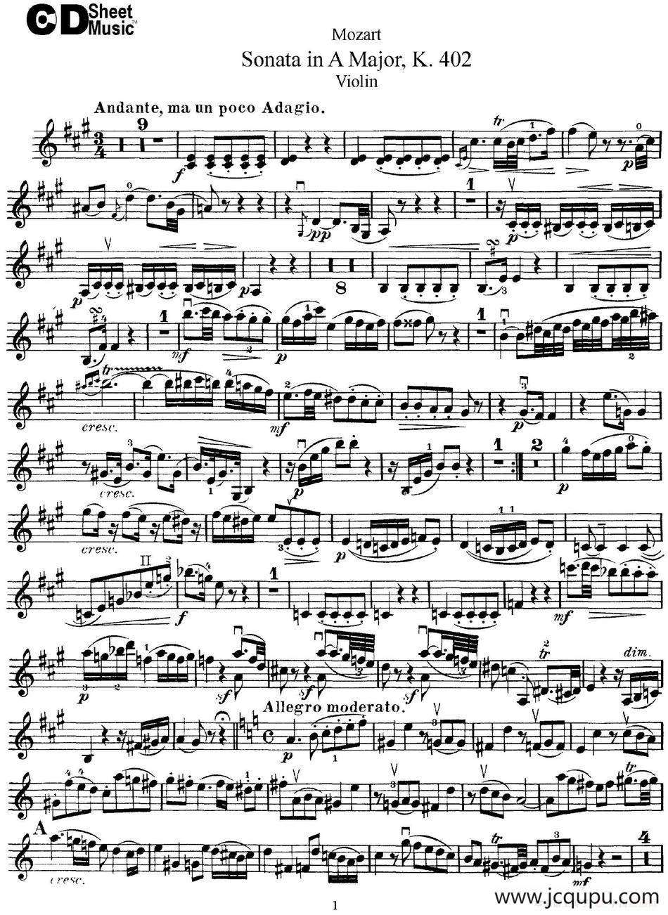 Violin Sonata in A Major K.402简谱