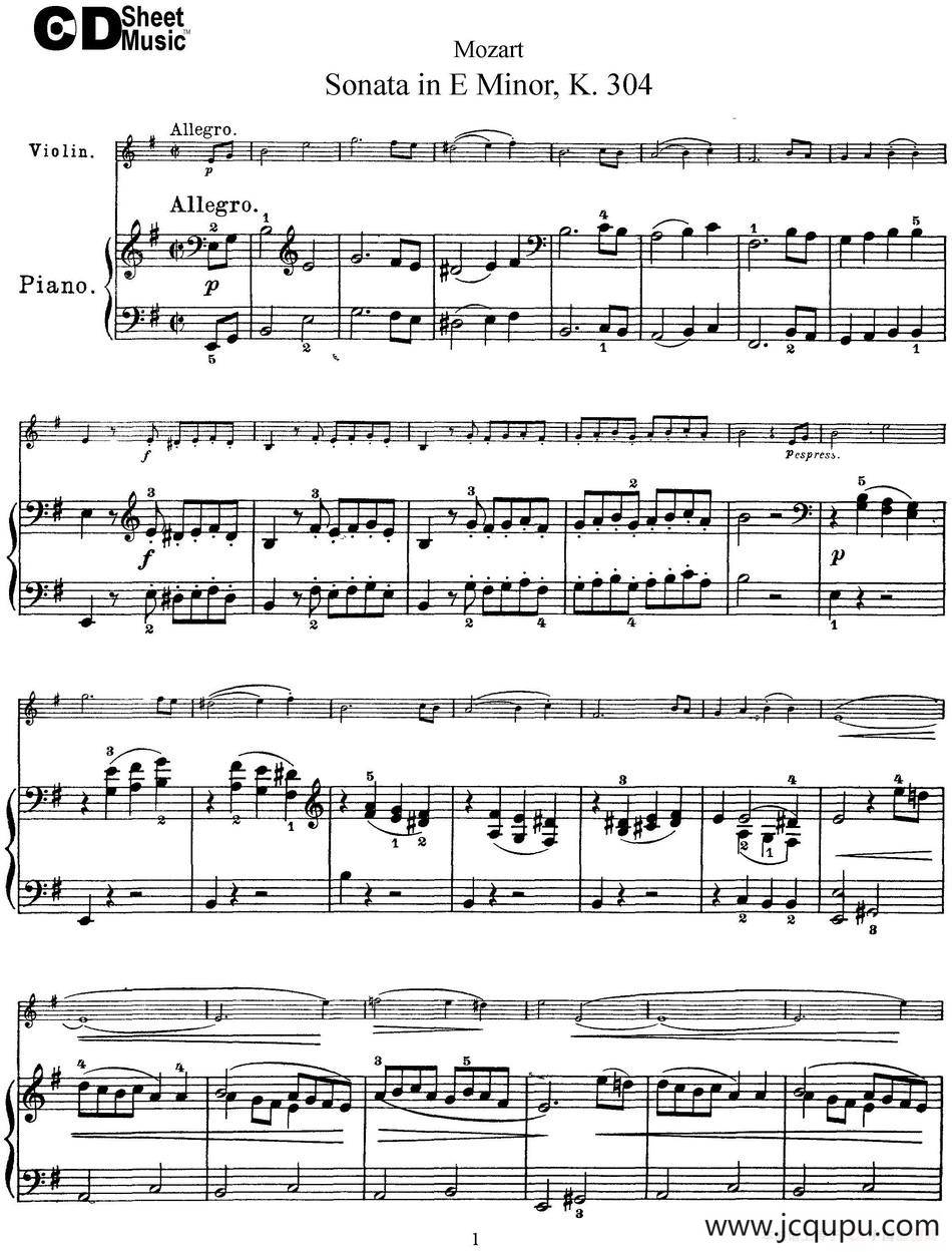 Violin Sonata in E Minor K.304（小提琴+钢琴伴奏）简谱