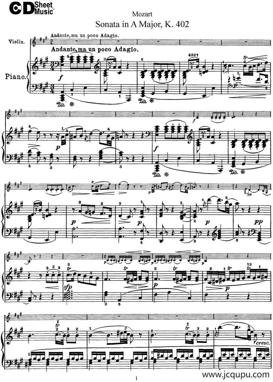 Violin Sonata in A Major K.402（小提琴+钢琴伴奏）简谱