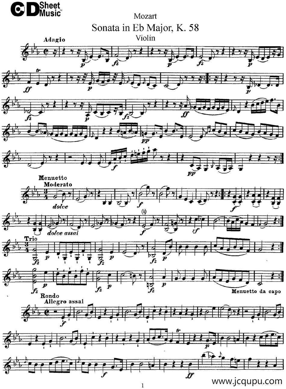 Violin Sonata in Eb Major K.58简谱