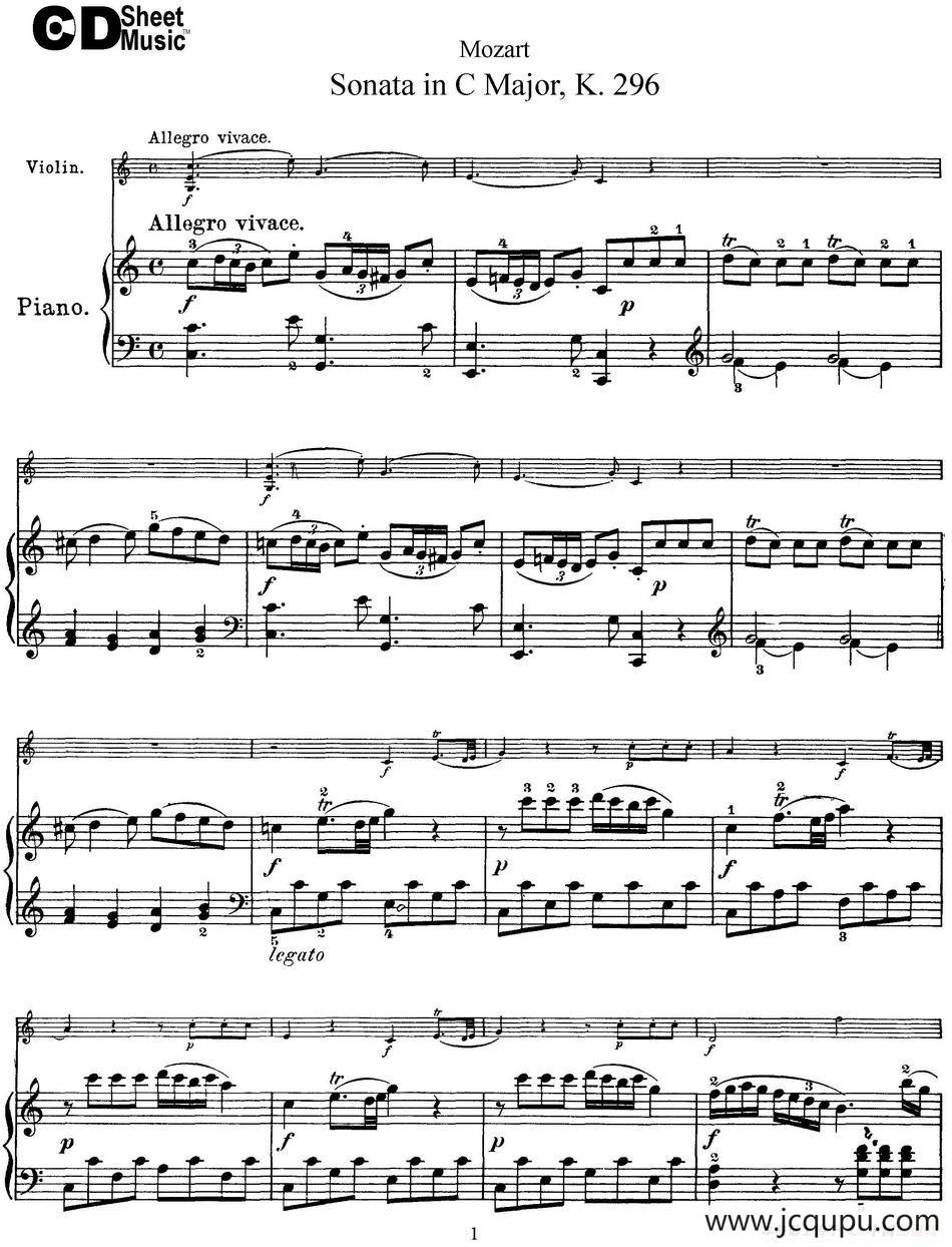 Violin Sonata in C Major K.296（小提琴+钢琴伴奏）简谱