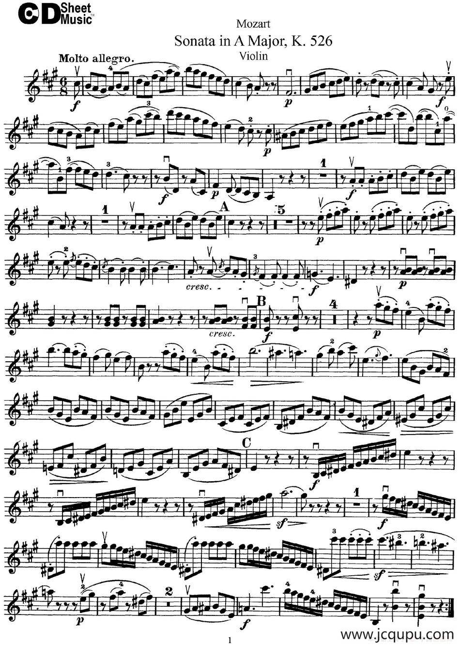 Violin Sonata in A Major K.526简谱