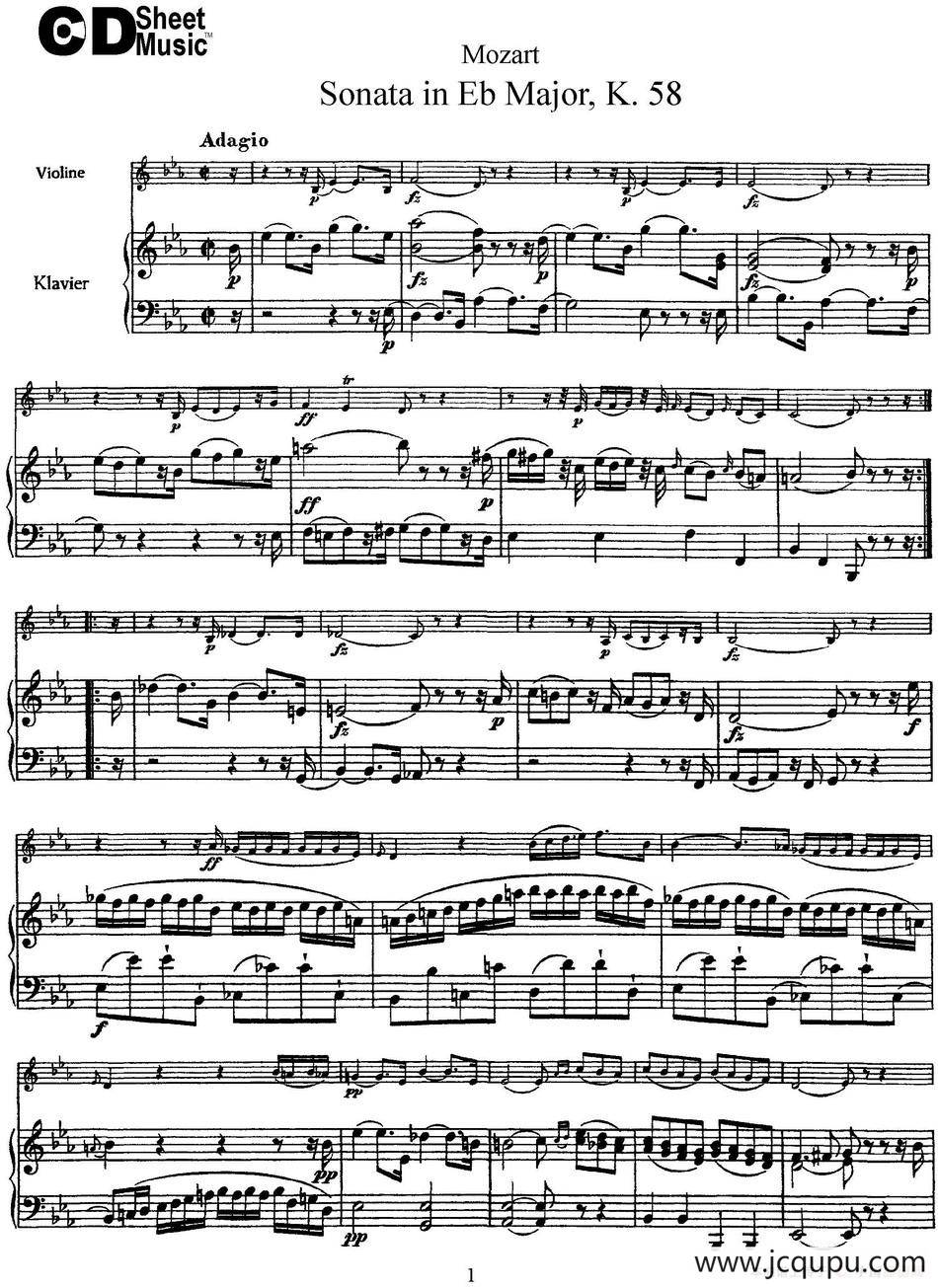 Violin Sonata in Eb Major K.58（小提琴+钢琴伴奏）简谱