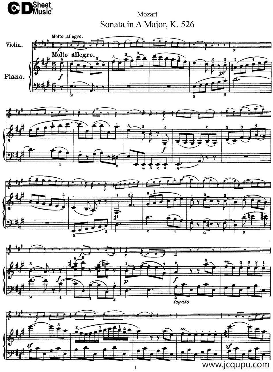 Violin Sonata in A Major K.526（小提琴+钢琴伴奏）简谱