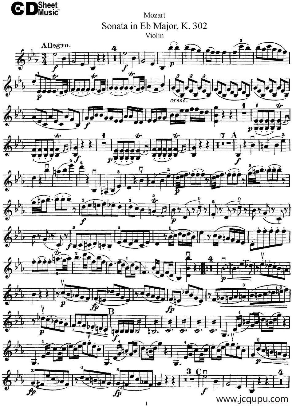 Violin Sonata in Eb Major K.302简谱