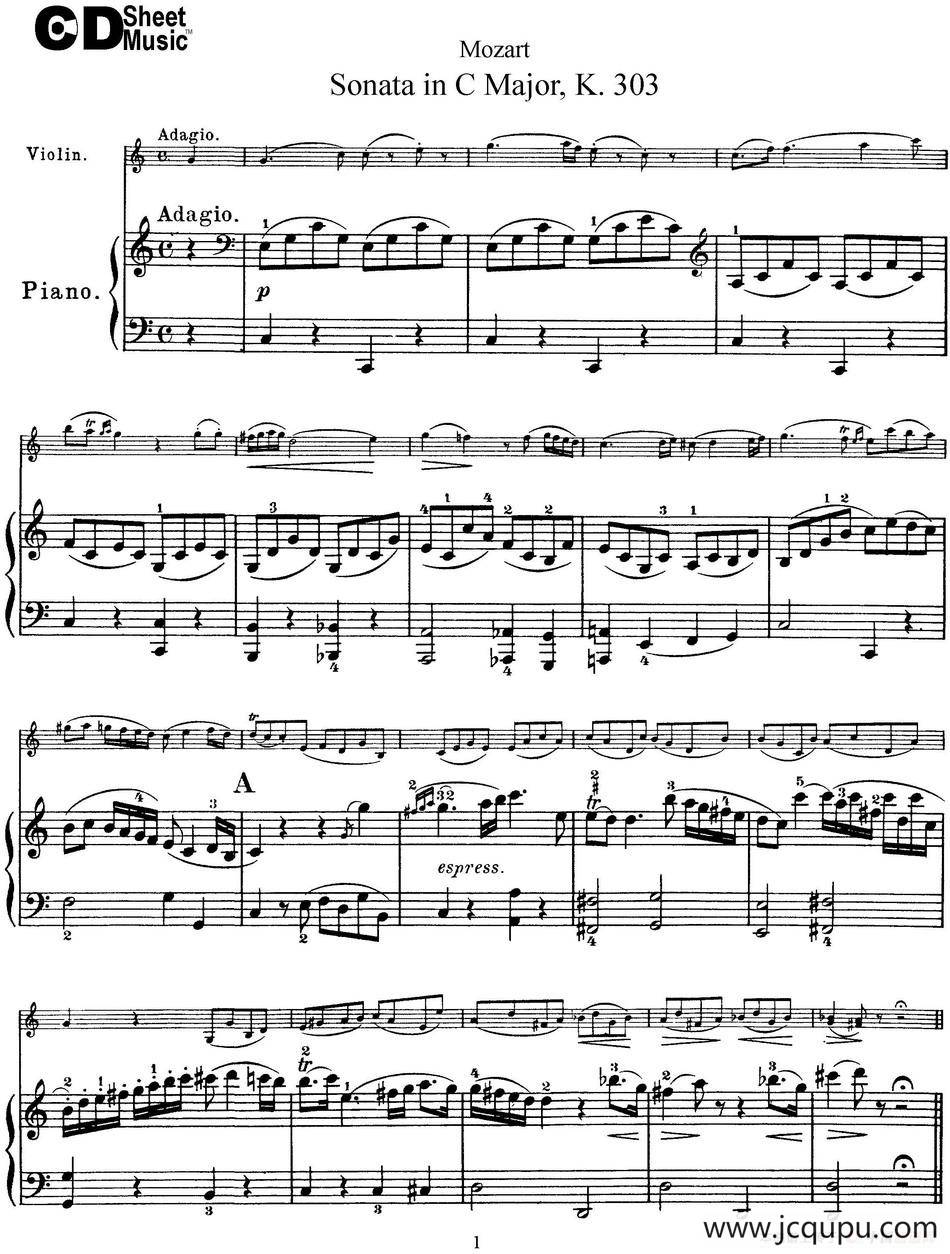 Violin Sonata in C Major K.303（小提琴+钢琴伴奏）简谱