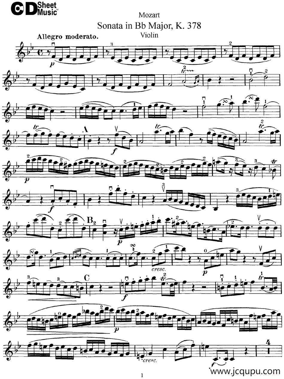 Violin Sonata in Bb Major K.378简谱