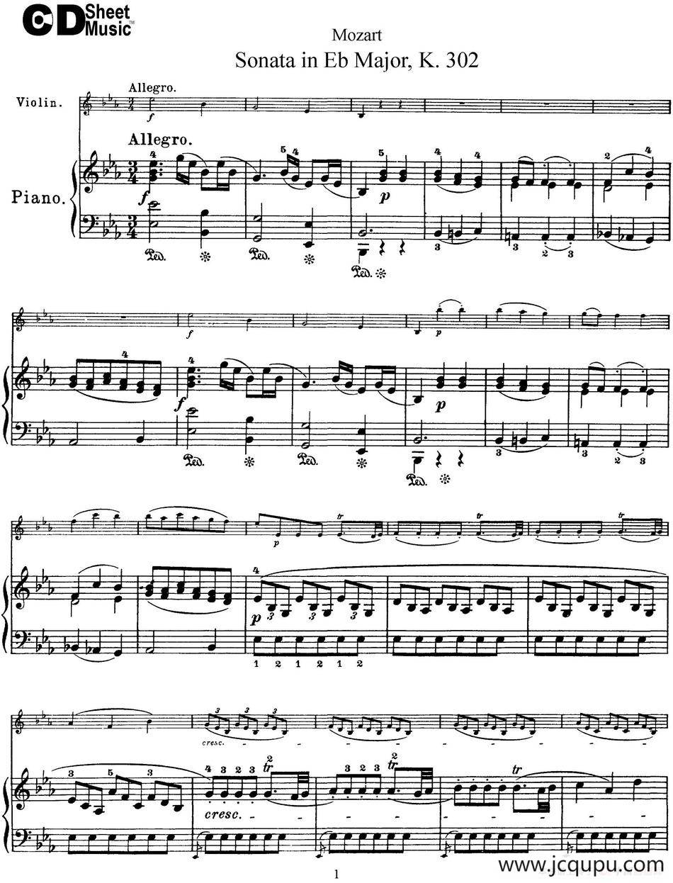 Violin Sonata in Eb Major K.302（小提琴+钢琴伴奏）简谱