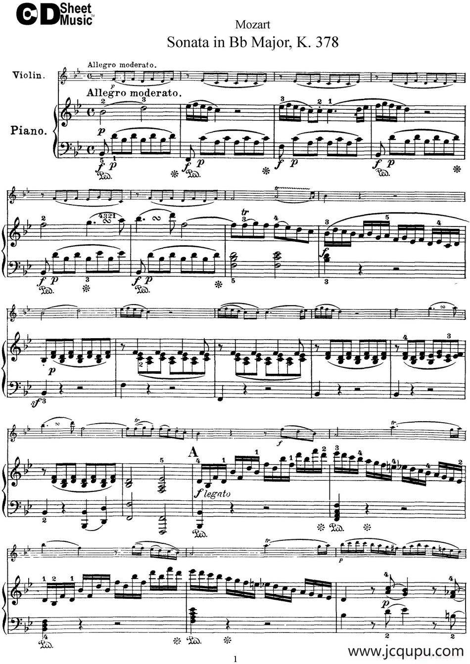 Violin Sonata in Bb Major K.378（小提琴+钢琴伴奏）简谱