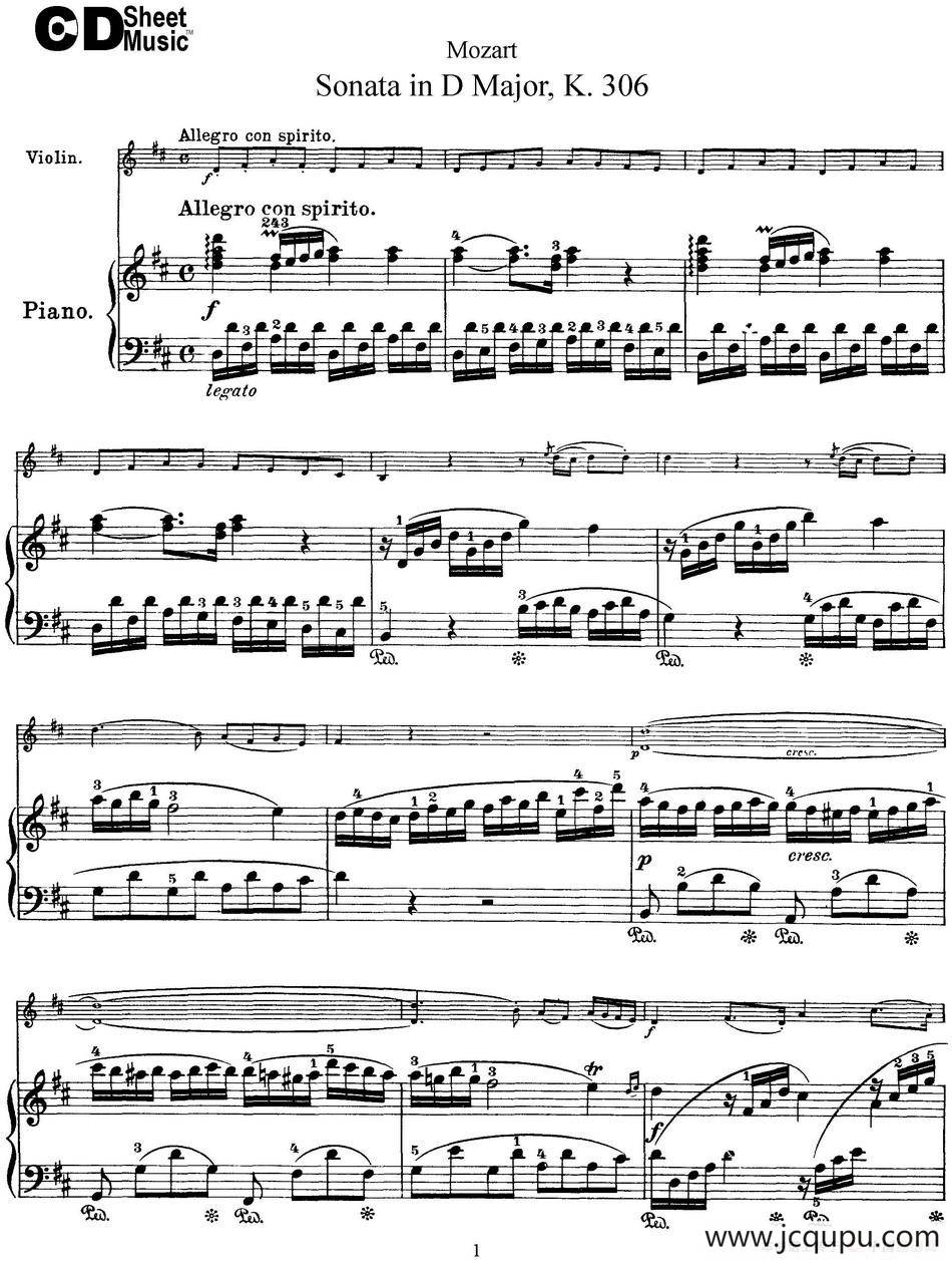 Violin Sonata in D Major K.306（小提琴+钢琴伴奏）简谱