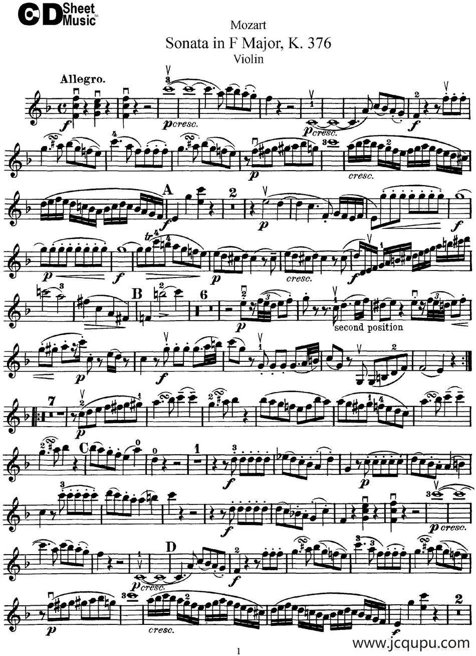 Violin Sonata in F Major K.376简谱