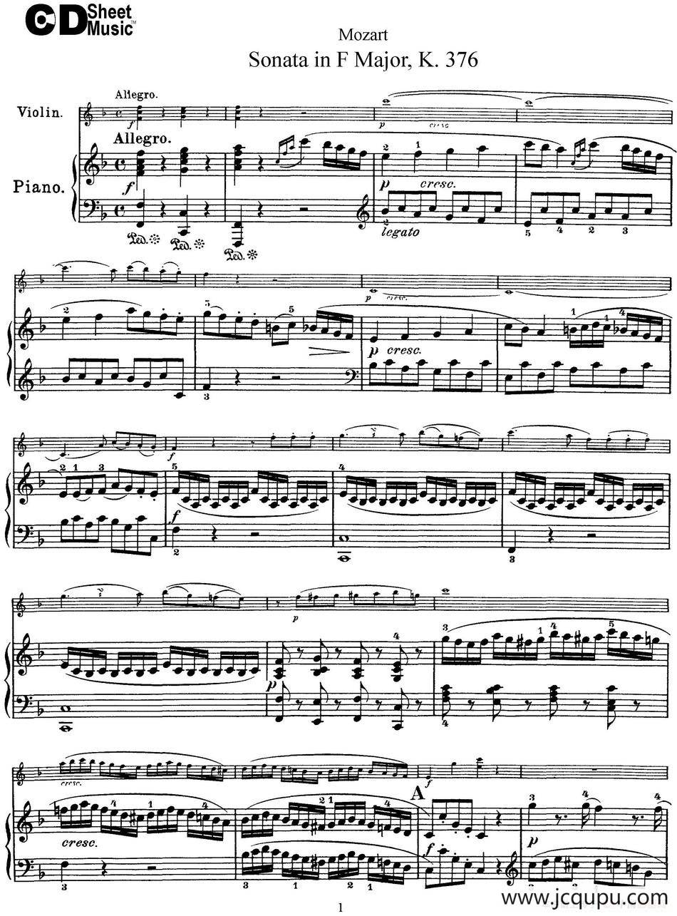 Violin Sonata in F Major K.376（小提琴+钢琴伴奏）简谱