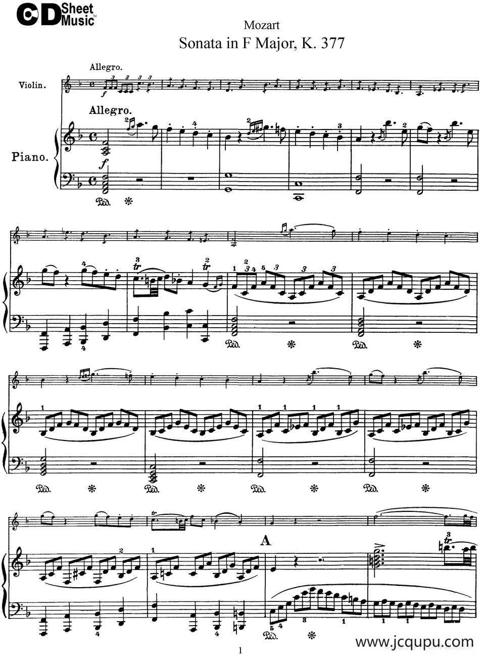 Violin Sonata in F Major K.377（小提琴+钢琴伴奏）简谱
