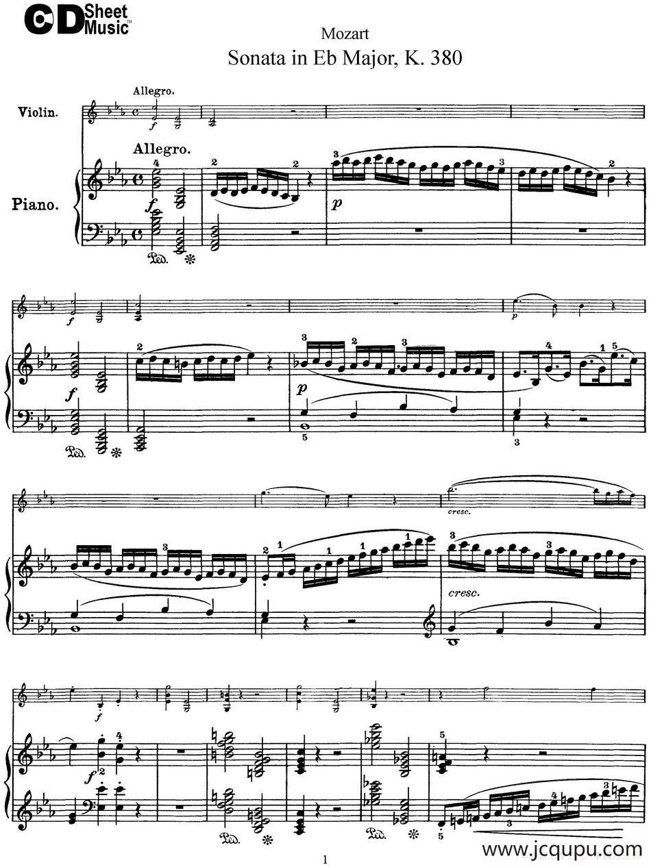 Violin Sonata in Eb Major K.380（小提琴+钢琴伴奏）简谱