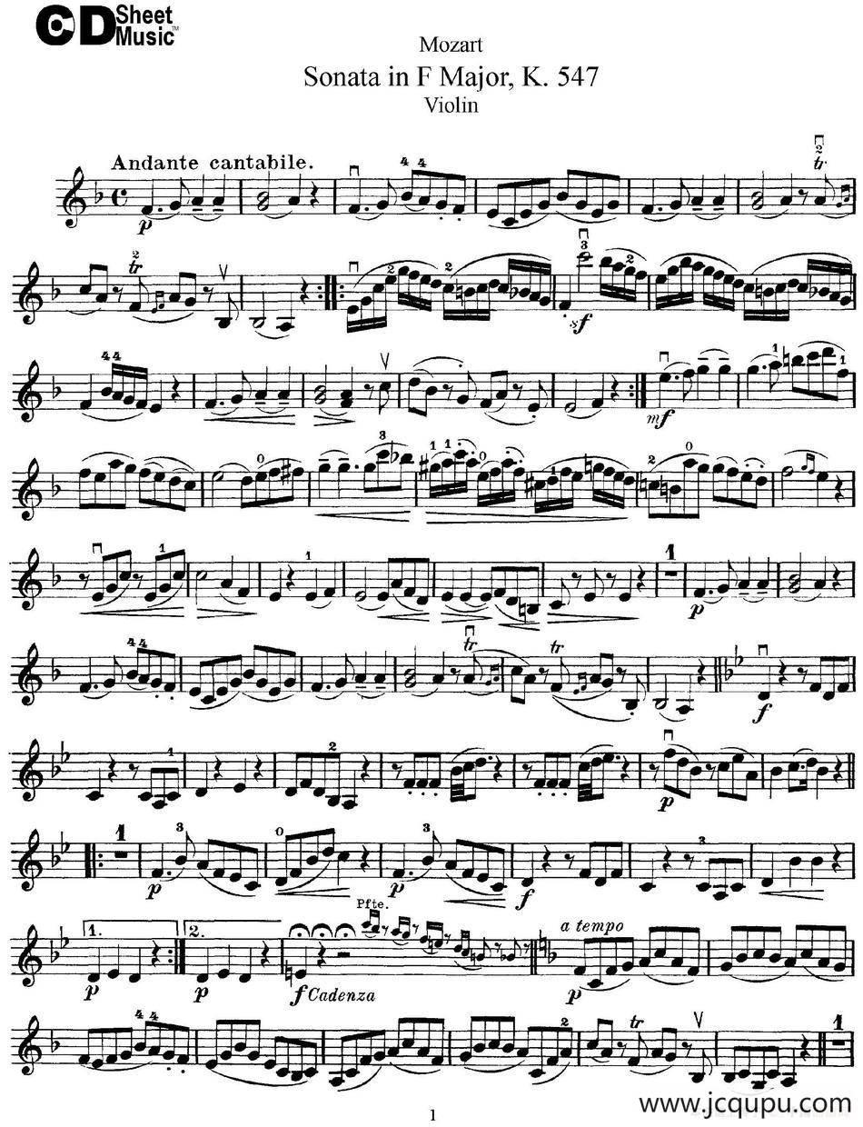 Violin Sonata in F Major K.547简谱