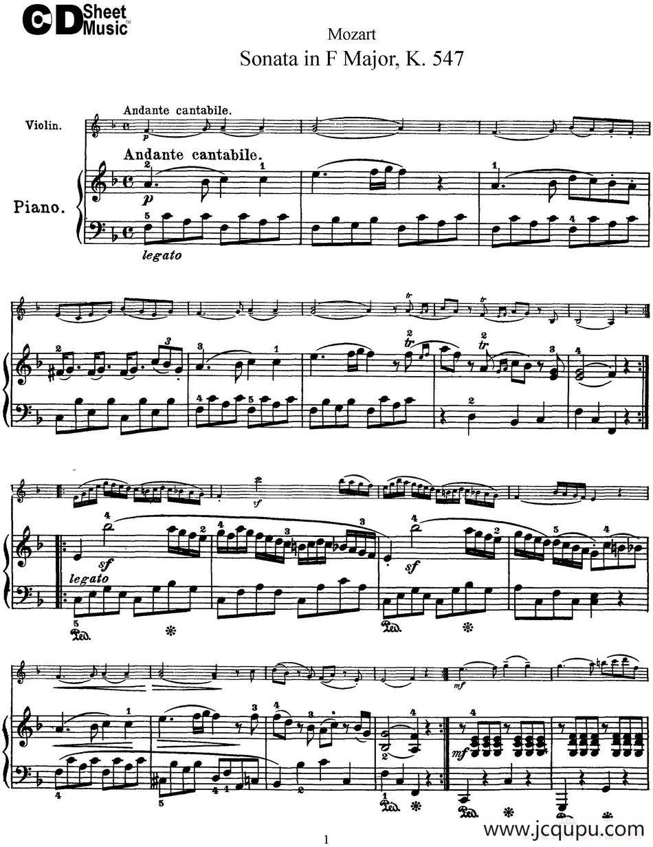 Violin Sonata in F Major K.547（小提琴+钢琴伴奏）简谱