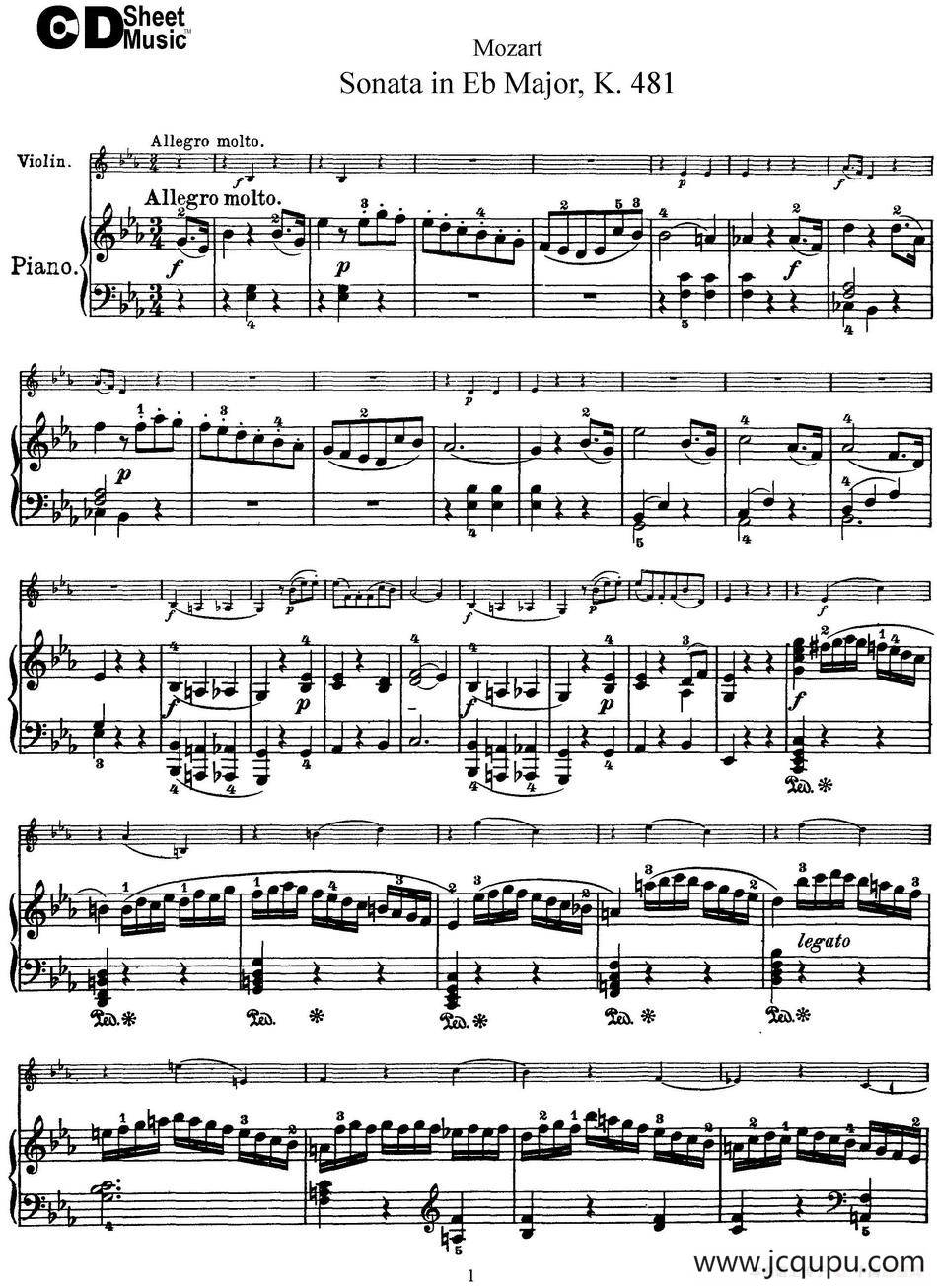 Violin Sonata in Eb Major K.481（小提琴+钢琴伴奏）简谱