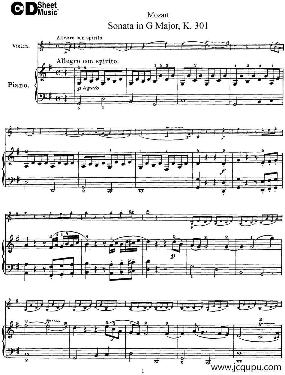 Violin Sonata in G Major K.301（小提琴+钢琴伴奏）简谱