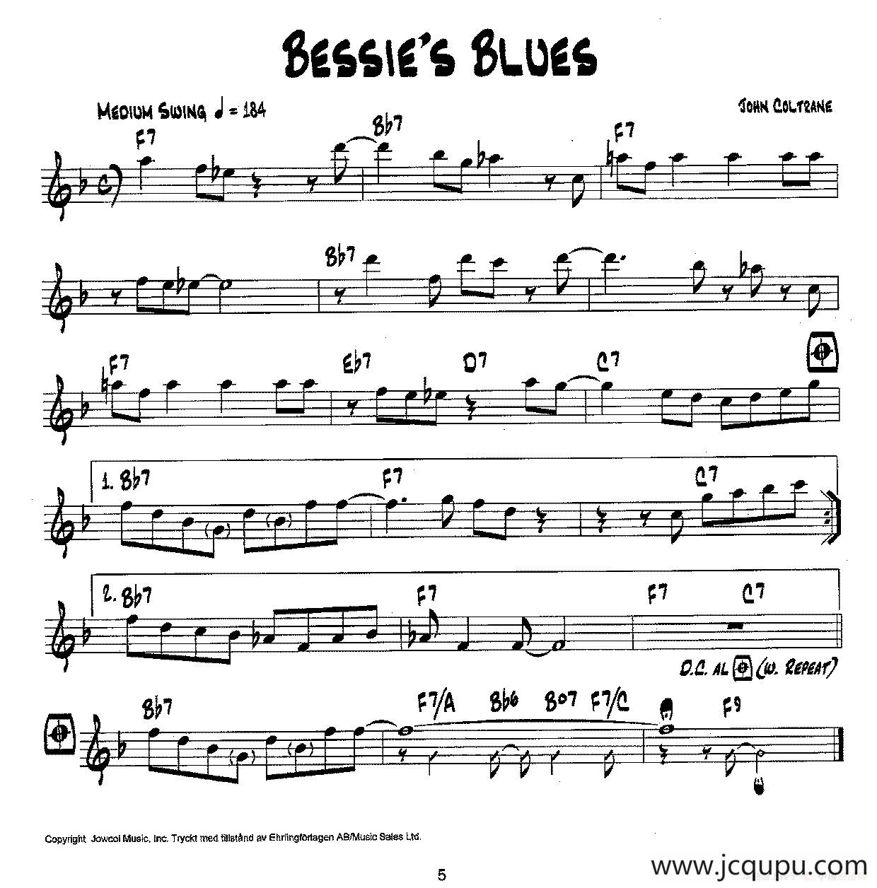 降B爵士乐谱：BESSIE'S BLUES简谱