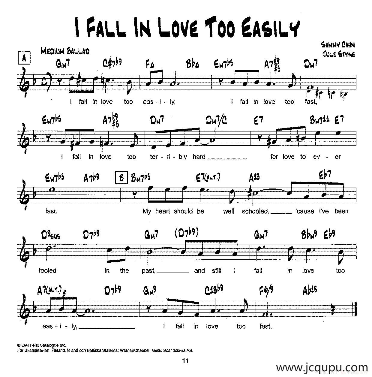 降B爵士乐谱：I FALL IN LOVE TOO EASILY简谱