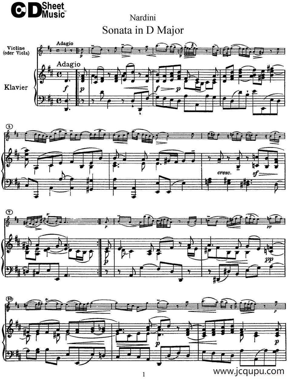 Nardini Violin Sonata in D Major（小提琴+钢琴伴奏）简谱