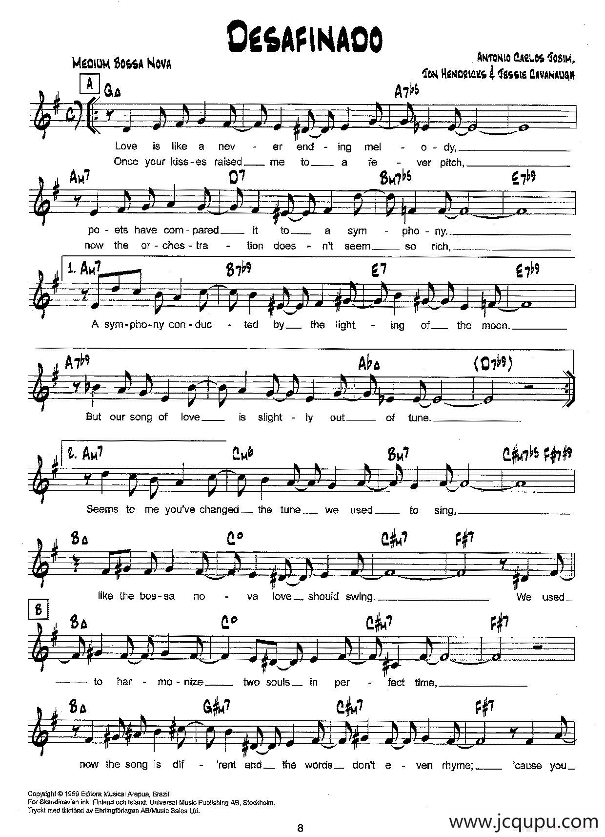 降B爵士乐谱：DESAFINADO简谱