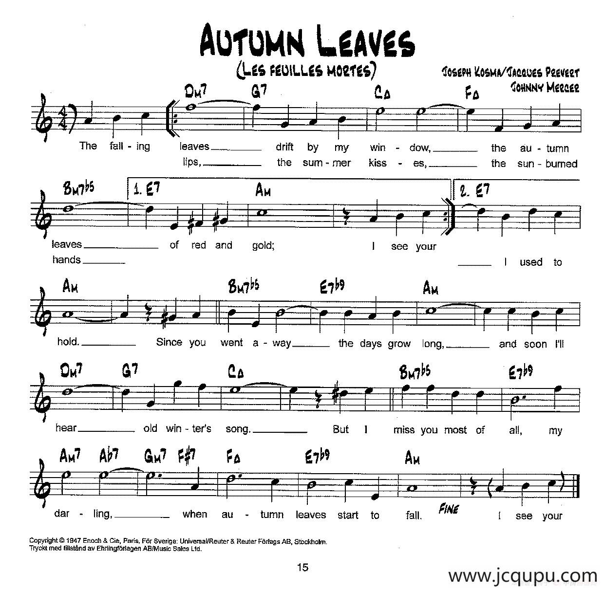 降B爵士乐谱：AUTUMN LEAVES简谱