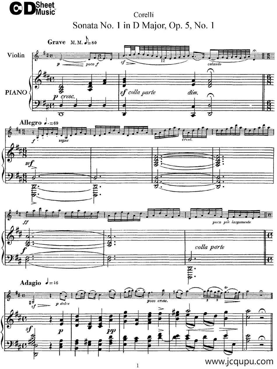 Sonata No.1 in D MajorOp.5 No.1（小提琴+钢琴伴奏）简谱