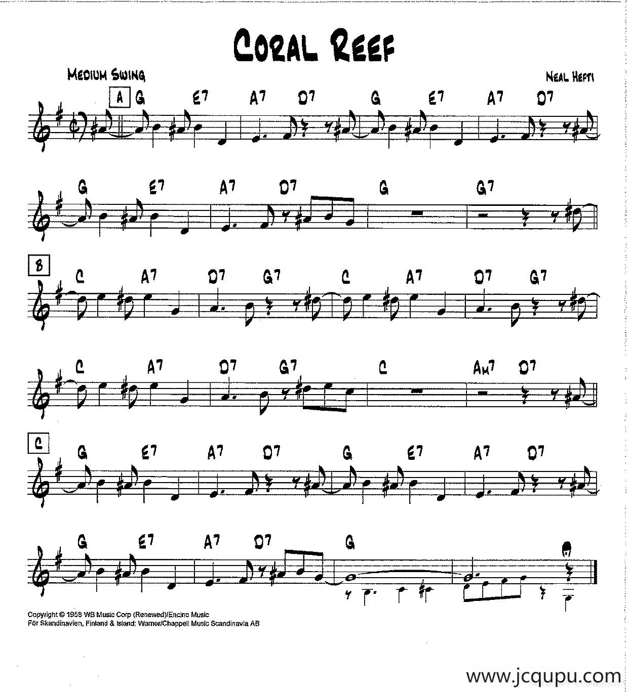 降B爵士乐谱：CORAL REEF简谱