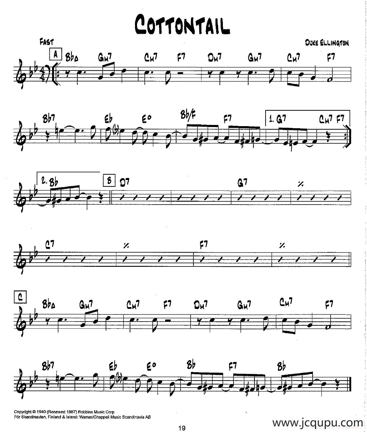 降B爵士乐谱：COTTONTAIL简谱