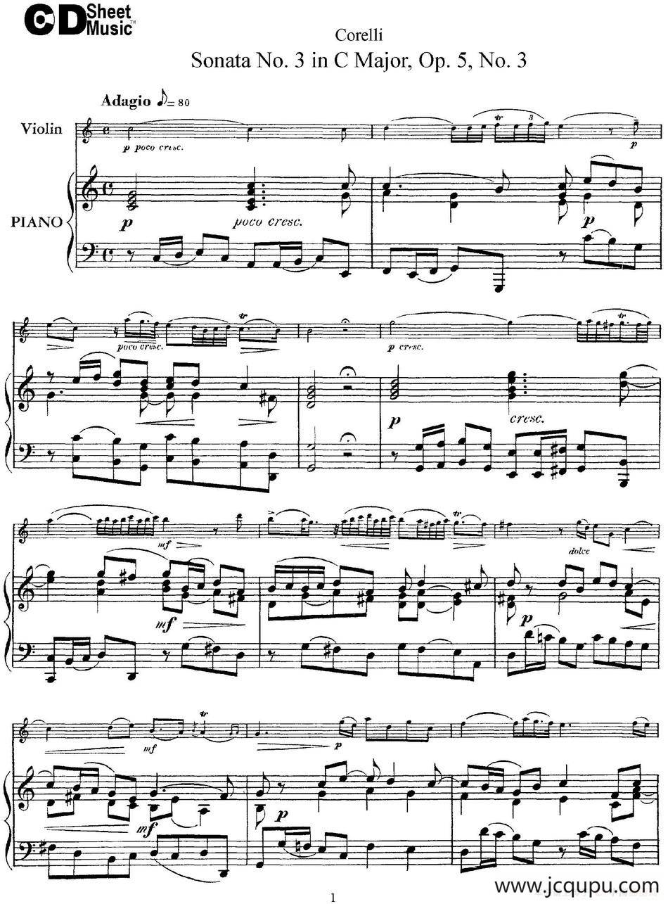 Sonata No.3 in C MajorOp.5 No.3（小提琴+钢琴伴奏）简谱