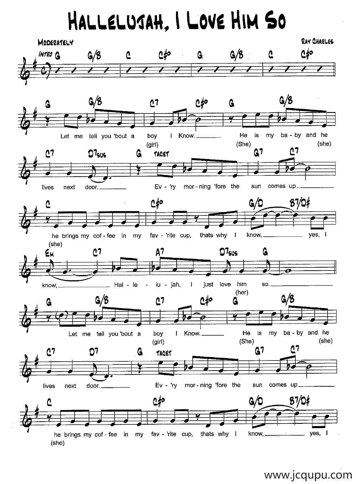 降B爵士乐谱：HALLELUJAH,I LOVE HIM SO简谱