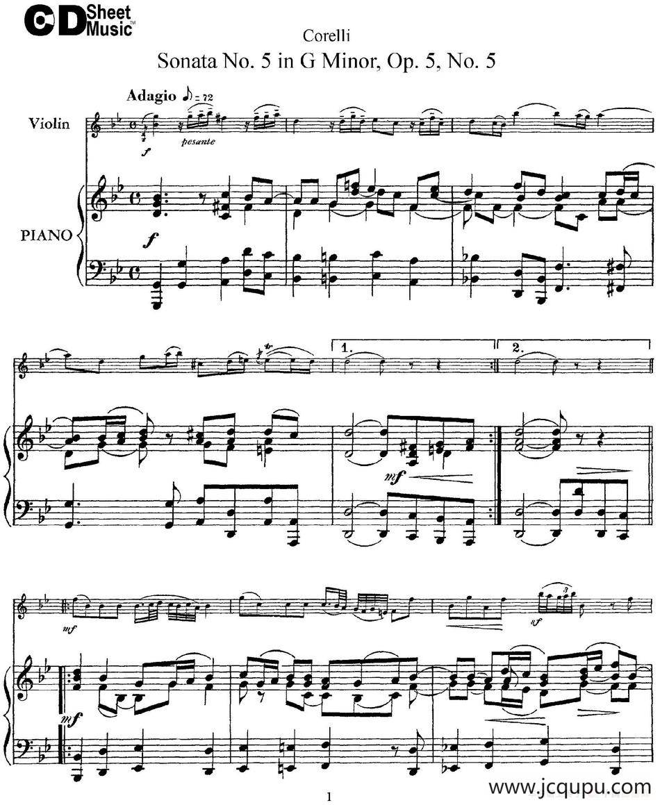Sonata No.5 in G MinorOp.5 No.5（小提琴+钢琴伴奏）简谱